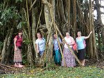 Anthea, Lois, Janet, Jess and Amy in the roots of a banyan tree